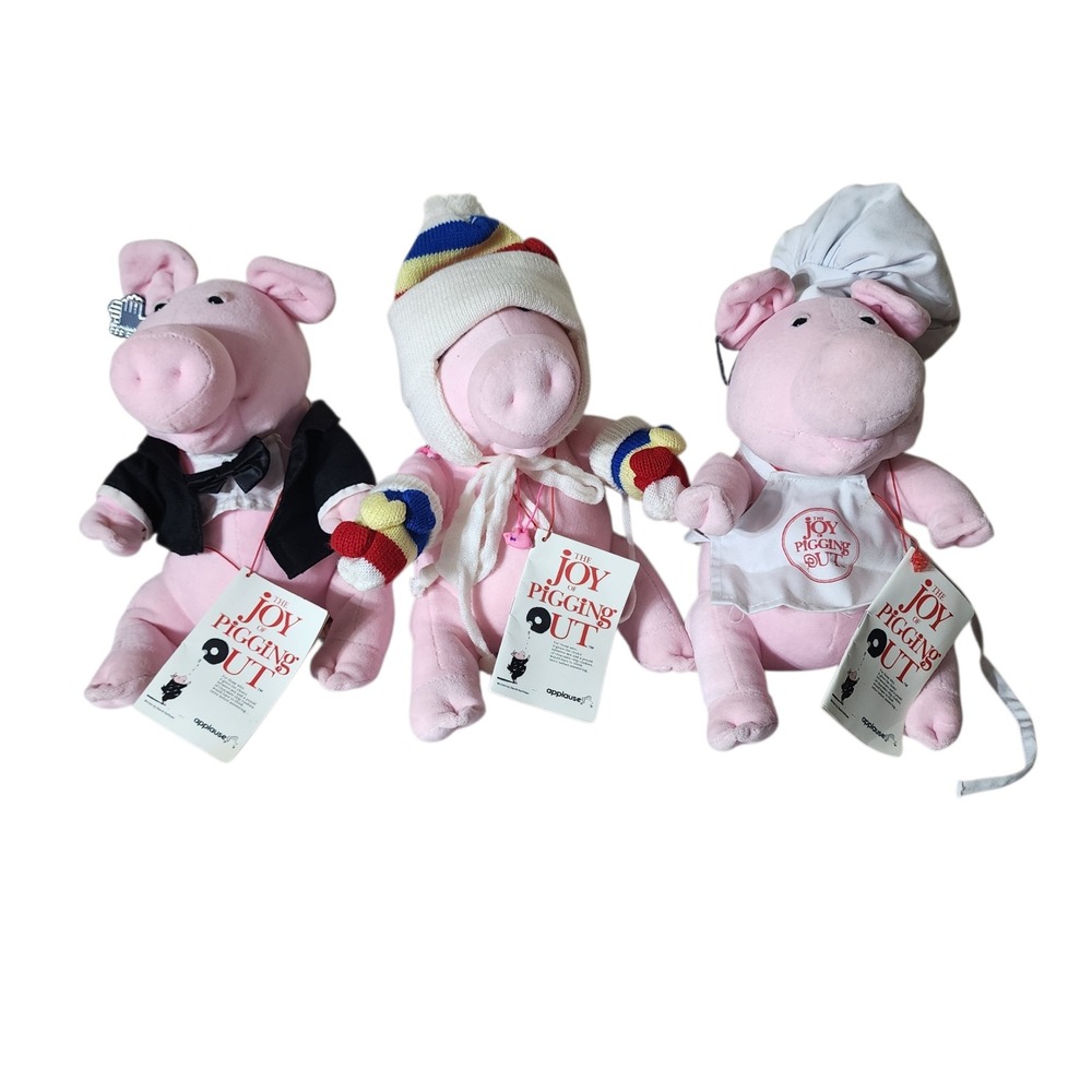Vintage Applause The Joy of Pigging Out Pink Pig Plush Trio Tuxedo Winter Chef